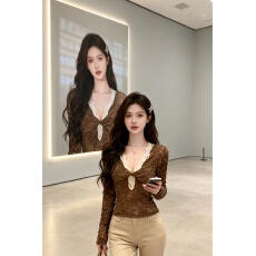 批发已保护 纯欲性感甜辣扭结<b class='q'>长袖</b>蕾丝衫拼接撞色修身<b class='q'>上衣</b>设显瘦打底