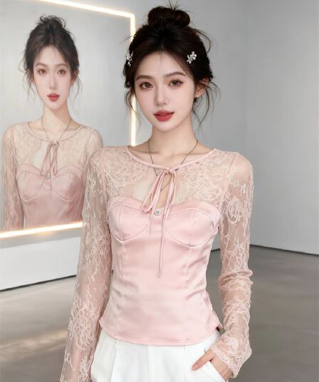 있음 보호 봄 새로운 순수한 욕망 달콤한 매운맛 섹시함 레이스 디자인 센스 새틴 긴팔 맨위 몸매 가꾸기 티셔츠 여성