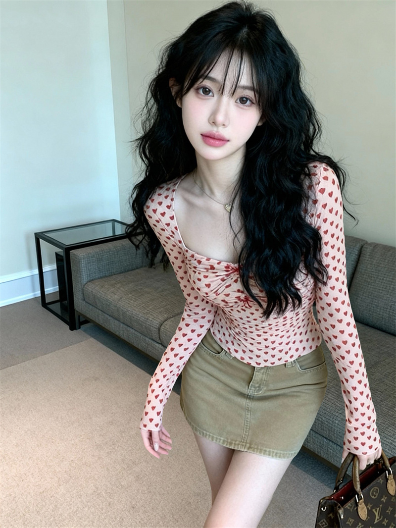 있음 보호 봄 새로운 분위기 센스 레이스 하트 망사 핀치 Pleat 작은 셔츠 맨위 여성 몸매 가꾸기 슬림해 보이는 티셔츠 여성