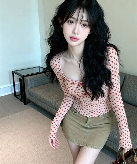 있음 보호 봄 새로운 분위기 센스 레이스 하트 망사 핀치 Pleat 작은 셔츠 맨위 여성 몸매 가꾸기 슬림해 보이는 티셔츠 여성