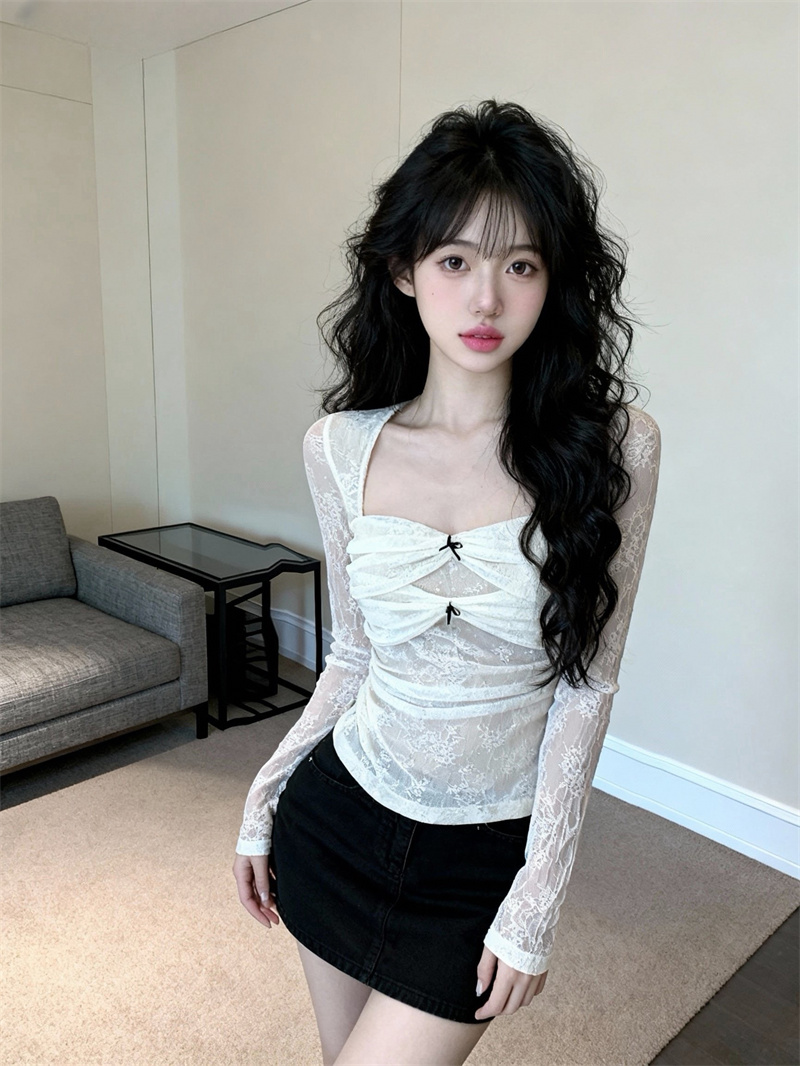 있음 보호 봄 새로운 분위기 센스 섹시함 V넥 레이스 셔츠 망사 핀치 Pleat 작은 셔츠 맨위 여성 몸매 가꾸기 슬림해 보이는