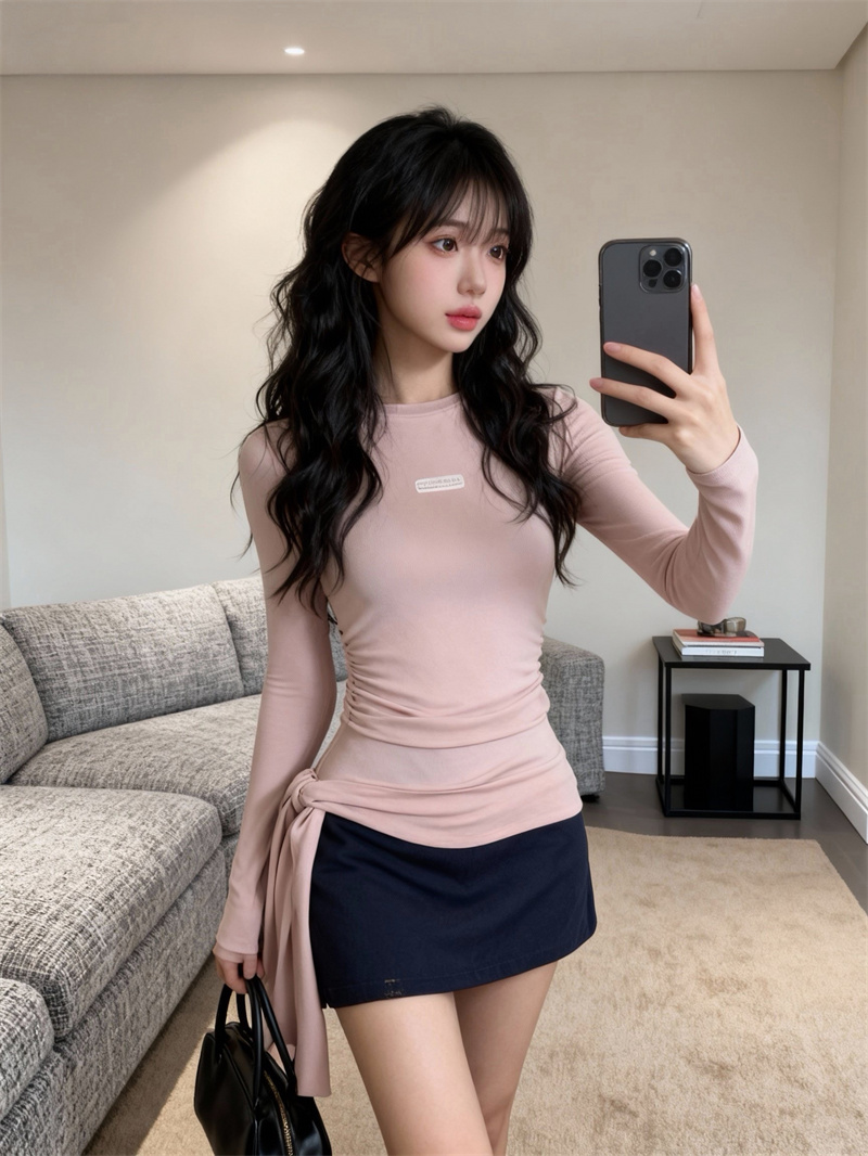 있음 보호 봄 새로운 한 부서 달콤한 자매 부드러운 찹쌀 긴팔 기본 셔츠 여성 자수 펌프 로프 스트랩 핫걸 맨위
