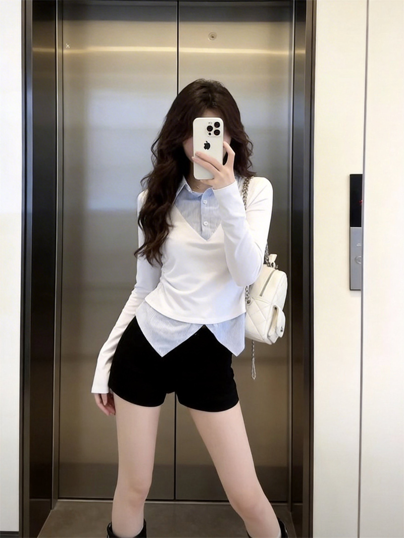 있음 보호 봄 새로운 한국 스타일 달콤한 매운맛 패션 페이크 레이어드 긴팔 패치워크 여성 셔츠 학원 스타일 티셔츠 맨위