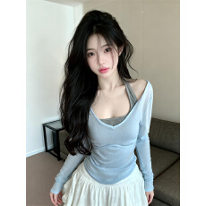 批发已保护 春夏新品纯欲风带胸垫挂脖内搭加薄款防晒长袖<b class='q'>T</b><b class='q'>恤</b>女两件套