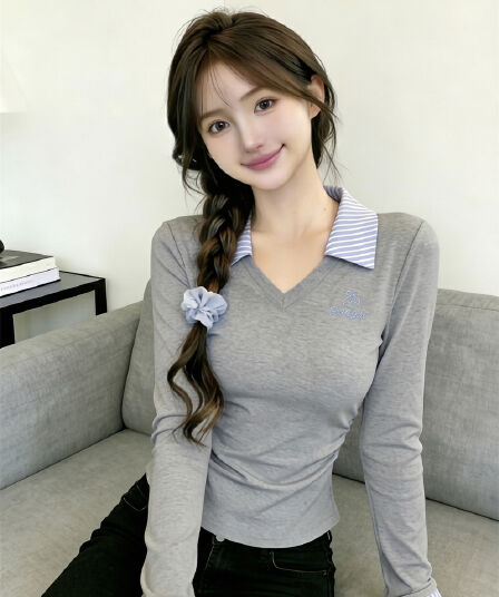 있음 보호 봄 핫걸 폴로 칼라 긴팔 기본 셔츠 여성 스트라이프 패치워크 자수 맨위 허리 수축 슬림해 보이는 티셔츠 여성