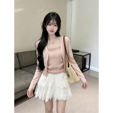 批发已保护 春夏方领欧根纱拼接针织吊带+<b class='q'>长袖</b>开衫+蕾丝蛋糕裙套装女