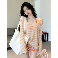 批发已保护 春夏<b class='q'>条纹</b>长袖罩衫+绑带挂脖背心+花色包臀半裙三件套装女