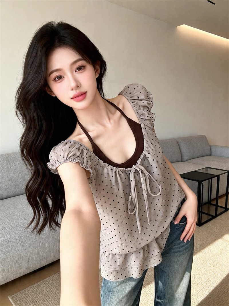 있음 보호 여름 켜기 새로운 한 부서 도트 무늬 행침 목 페이크 레이어드 밑단 프릴 민소매 여성 드레스 치마