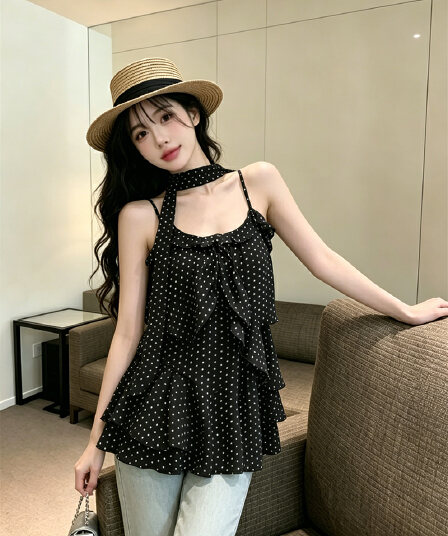 있음 보호 여름 켜기 새로운 순수한 욕망 바람 슈퍼 폭발 ~ 중 프릴 도트 무늬 슬립 시폰 셔츠 여성 경기 스카프