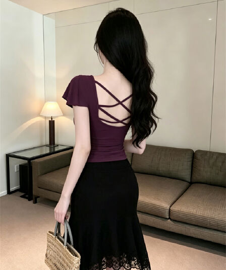 있음 보호 순수한 욕망 섹시함 홀로우 아웃 뒤로 연꽃 잎 소매 티셔츠 여성 몸매 가꾸기 슬림해 보이는 반팔 맨위 작은 셔츠