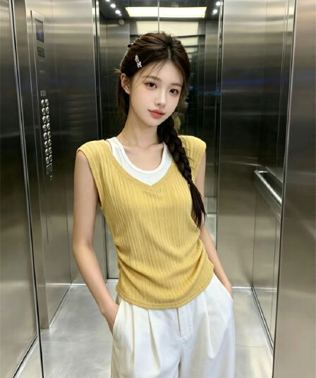 있음 보호 여름 켜기 새로운 자이언트 잘 생긴 한 부서 V넥 배색 페이크 레이어드 반팔 티셔츠 여성 레저 품격 맨위