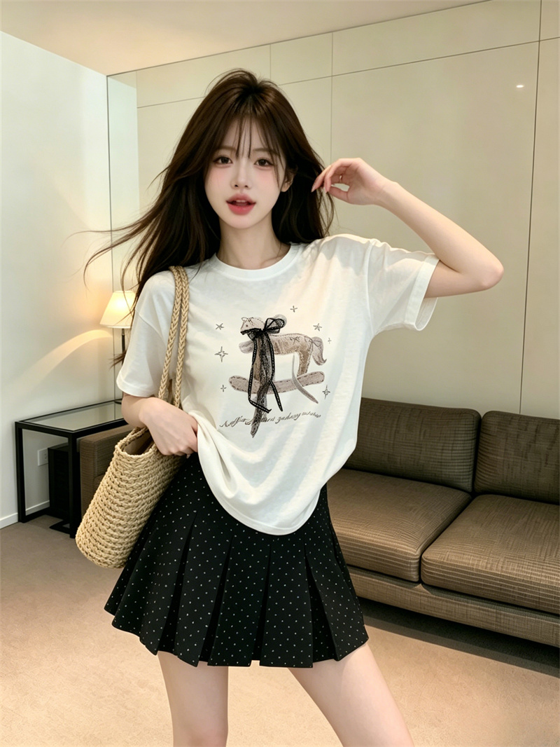 있음 보호 여름 켜기 새로운 한 부서 품격 레이스 나비 매듭 리본 트로이 목마 프린트 반팔 티셔츠 여성 셔츠