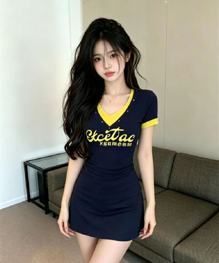 있음 보호 여름 켜기 새로운 핫걸 바람 패션 프린트 페이크 레이어드 징 V넥 반팔 티셔츠 여성 셔츠
