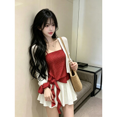 批发已保护 设计感波点绑带吊带+薄款防晒开衫韩系氛围两件套女配发圈