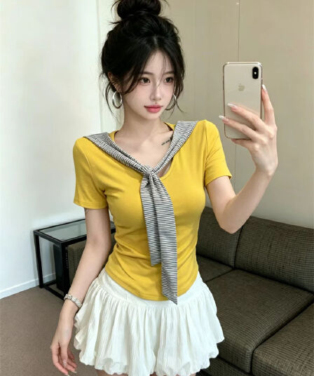 있음 보호 여름 켜기 새로운 학원 스타일 페이크 레이어드 스트라이프 숄 펌프 Pleat 허리 수축 슬림해 보이는 맨위 반팔 티셔츠 여성