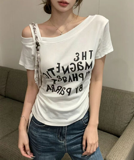 있음 보호 여름 켜기 새로운 순수한 욕망 비스듬한 어깨 꼰 로프 알파벳 프린트 반팔 티셔츠 여성 펌프 Pleat 허리 수축 맨위 여성