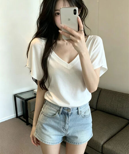 있음 보호 여름 켜기 새로운 한 부서 미니멀리즘 휴식 센스 V넥 루즈핏 박쥐 반팔 티셔츠 여성 단색 맨위 트렌디