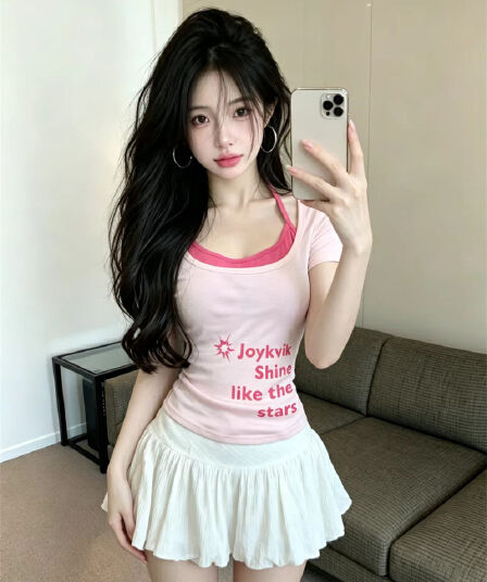 있음 보호 여름 켜기 새로운 순수한 욕망 달콤한 자매 프린트 반팔 티셔츠 여성 아름다움 뒤로 행침 목 투피스 슈트 맨위 여성