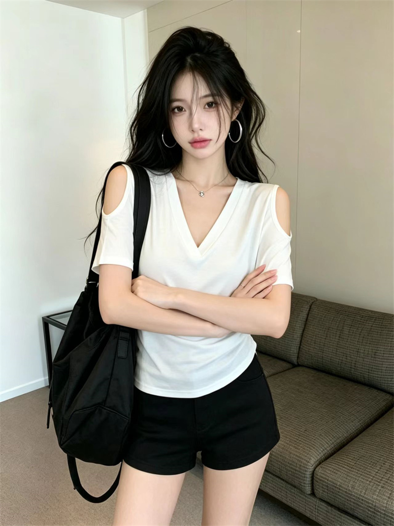 있음 보호 여름 켜기 새로운 한 부서 미니멀리즘 품격 휴식 센스 V넥 오프숄더 반팔 티셔츠 여성 단색 맨위 트렌디