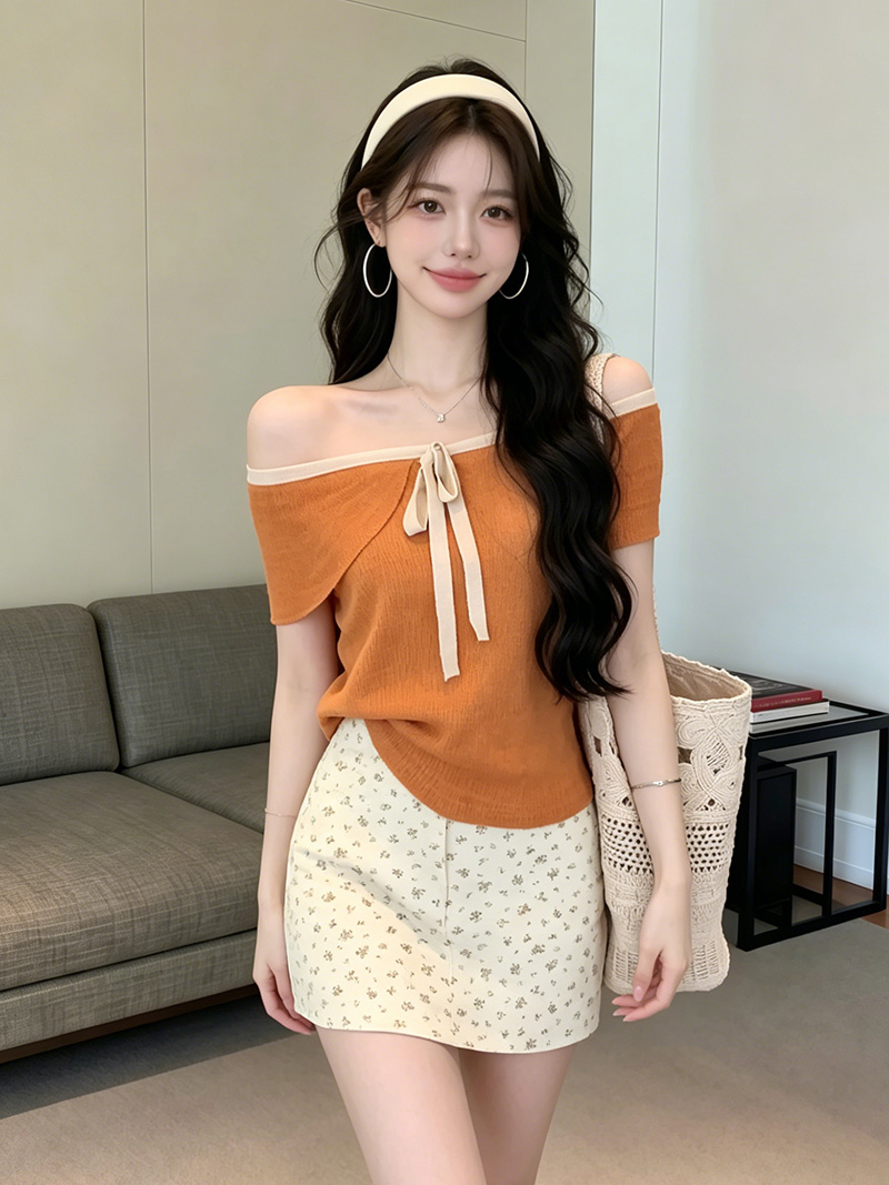 있음 보호 여름 켜기 새로운 부드러운 오프숄더 배색 나비 넥타이 니트 스웨터 여성 연령 감소 오프숄더 맨위