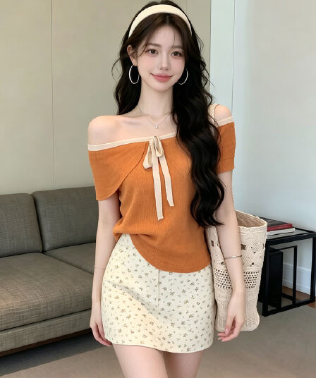 있음 보호 여름 켜기 새로운 부드러운 오프숄더 배색 나비 넥타이 니트 스웨터 여성 연령 감소 오프숄더 맨위