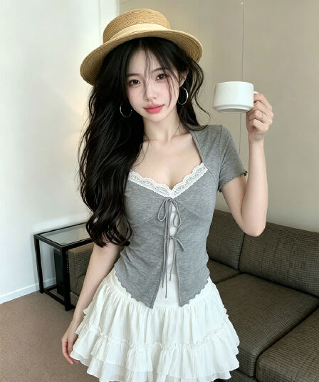 있음 보호 여름 켜기 새로운 자이언트 부드러운 한 부서 페이크 레이어드 레이스 조각 V넥 반팔 티셔츠 여성 레이스업 맨위