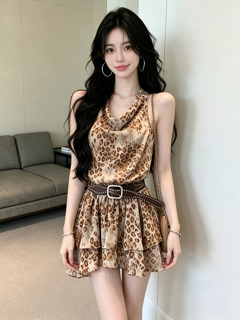 있음 보호 여름 켜기 새로운 핫걸 바람 로얄 자매 디자인 센스 흔들다 칼라 민소매 쉬폰 레오파드 무늬 여성 드레스 벨트