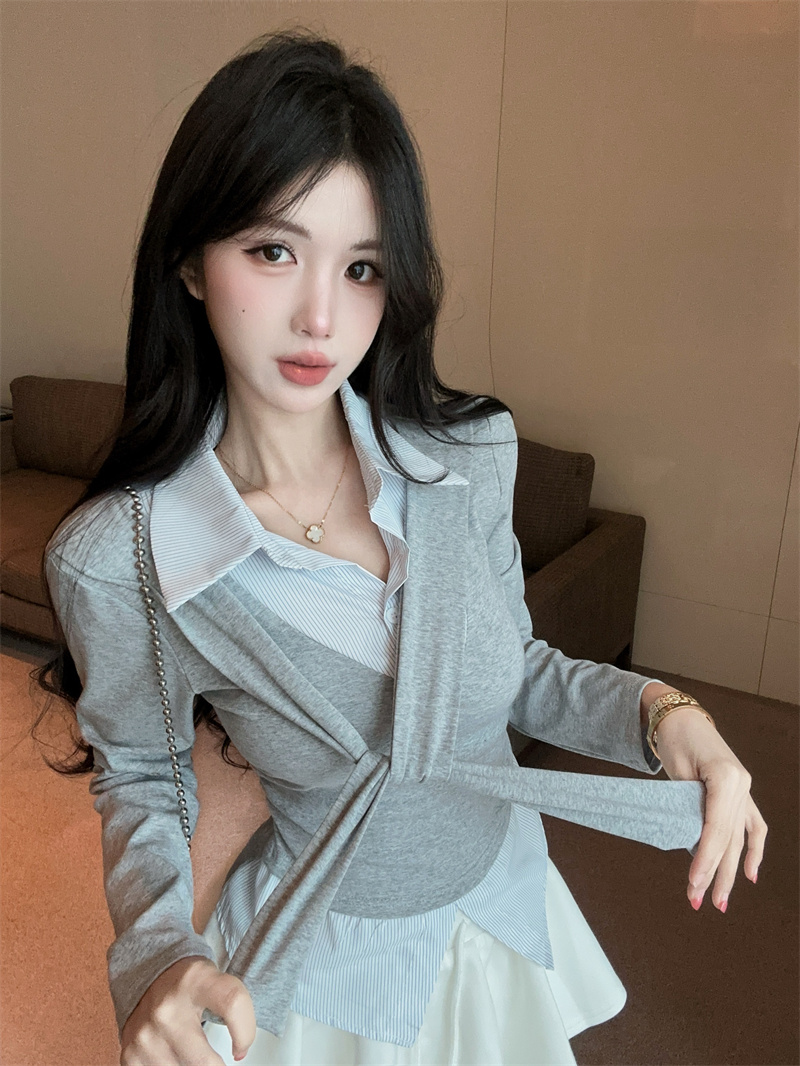 실사 가을 켜기 새로운 높음 지혜 센스 패션 페이크 레이어드 숄 긴팔 패치워크 여성 셔츠 학원 스타일 티셔츠 맨위