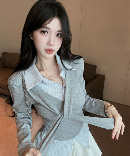실사 가을 켜기 새로운 높음 지혜 센스 패션 페이크 레이어드 숄 긴팔 패치워크 여성 셔츠 학원 스타일 티셔츠 맨위