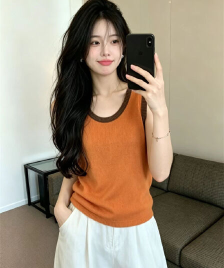 있음 보호 여름 켜기 새로운 배색 패치워크 홀로우 아웃 뒤로 민소매 니트 스웨터 여성 고급 센스 인사이드 잡아라. 의류 여성