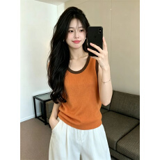 批发已保护 夏上新！撞色拼接镂空后背无袖针织衫女高级感内搭上衣女