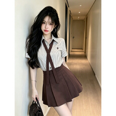 批发已保护 夏上新！少女感学院风套装女条纹短袖衬衫+百褶半裙两件套