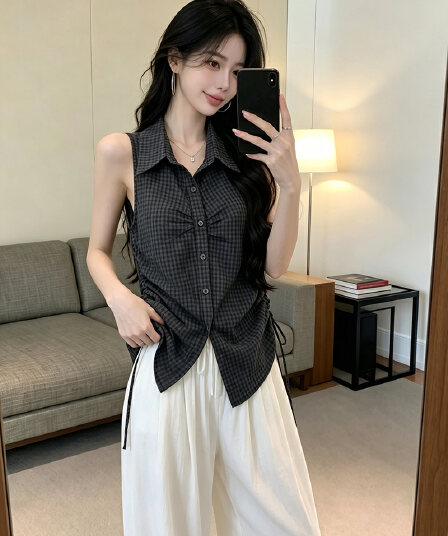 있음 보호 여름 켜기 새로운 측면 펌프 로프 폴로 칼라 민소매 체크무늬 여성 셔츠 슬림해 보이는 한 부서 품격 맨위 작은 셔츠