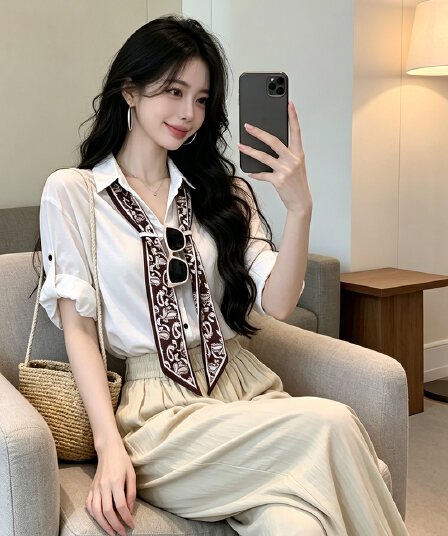 있음 보호 여름 켜기 새로운 오래된 돈 바람 휴식 고급 센스 폴로 칼라 반팔 셔츠 여성 셔츠 꽃무늬 스카프