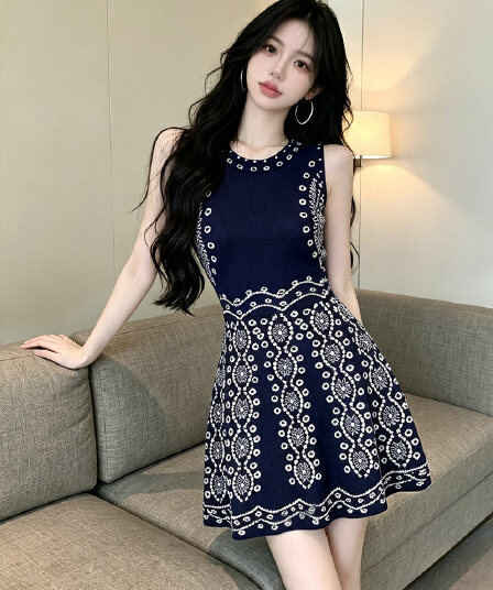 있음 보호 이른 가을 패션 작은 샤넬 스타일 품격 천 골드 센스 파란색 민소매 니트 여성 드레스 트렌디
