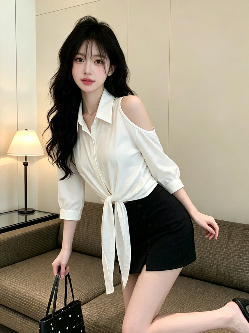 BY29276# 秋上新韩系气质露肩设计通勤显瘦绑带衬衫女休闲上衣  服裝批發女裝批發服飾貨源