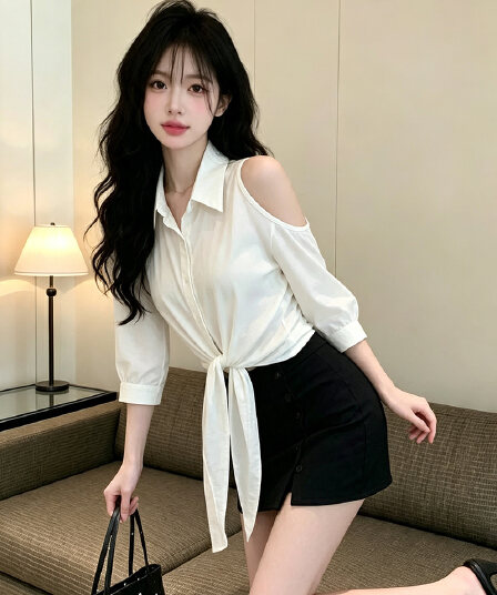 있음 보호 가을 켜기 새로운 한 부서 품격 오프숄더 디자인 출퇴근 슬림해 보이는 스트랩 셔츠 여성 레저 맨위