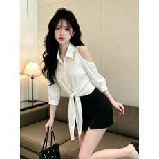 批发<b class='q'>韩</b>系气质露肩设计通勤显瘦绑带衬衫女休闲上衣