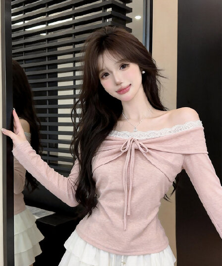 있음 보호 가을 켜기 새로운 순수한 욕망 레이스 조각 섹시함 오프숄더 긴팔 티셔츠 여성 몸매 가꾸기 맨위 기본 셔츠
