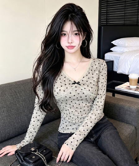 있음 보호 가을 켜기 새로운 섹시함 순수한 욕망 핫걸 레이스 레이스 V넥 긴팔 티셔츠 여성 몸매 가꾸기 맨위 인사이드 가져 가라.