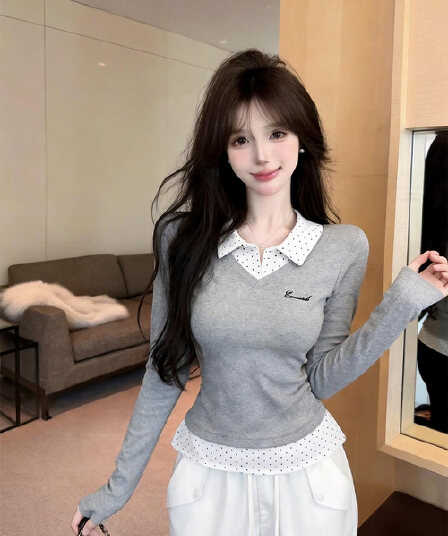 실사 가을 켜기 새로운 높음 지혜 센스 패션 페이크 레이어드 배색 긴팔 여성 셔츠 학원 스타일 티셔츠 맨위 만나는