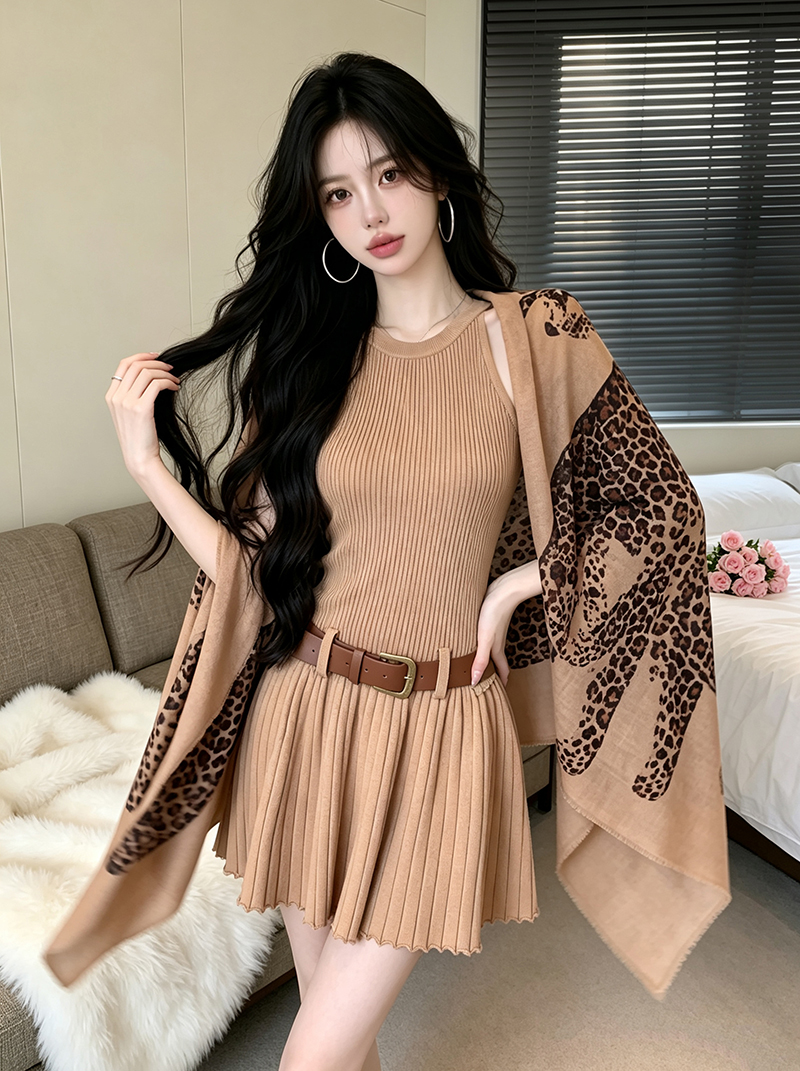 BY31433# 秋上新老钱复古气质豹纹丝巾披肩+无袖针织连衣裙套装女  服裝批發女裝批發服飾貨源