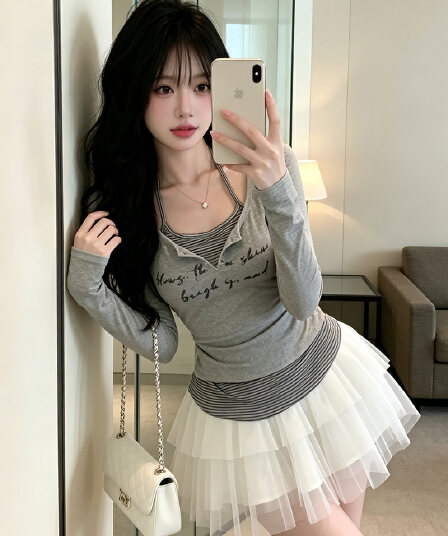 실사 가을 켜기 새로운 순수한 욕망 배색 스트라이프 페이크 레이어드 긴팔 티셔츠 여성 주름 허리 수축 프린트 맨위 작은 셔츠