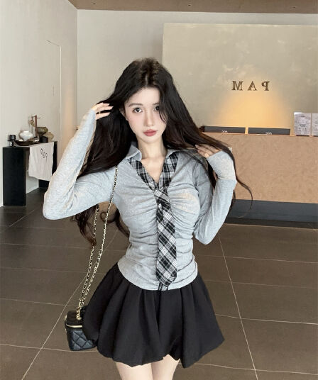 실사 가을 켜기 새로운 학원 스타일 넥타이 배색 페이크 레이어드 주름 몸매 가꾸기 슬림해 보이는 긴팔 티셔츠 여성 셔츠