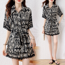 批发2026夏新款胖mm百搭印花蕾丝显瘦气质衬衫减龄通勤透气套装