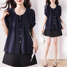 批发2026夏新款大码女装藏青色泡泡袖衬衫胖mm流行遮肚娃娃衬衫上衣