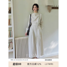 批发贰羊设计【暮云归】亚麻高级感长袖连衣裙女知识分子风垂感收腰裙