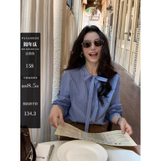 批发pusumede 转角<b class='q'>街头</b> 蓝色蝴蝶结绑带条纹衬衫女长袖衬衣气质上衣