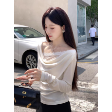 批发<b class='q'>夏</b>诗文 羊毛天丝莱赛尔针织长袖T恤女法式荡领假两件蕾丝拼接上衣