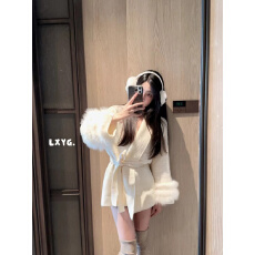 批发LXYG高级感V领真狐狸毛系带毛衣外套女秋冬温柔贵妇皮草针织开衫